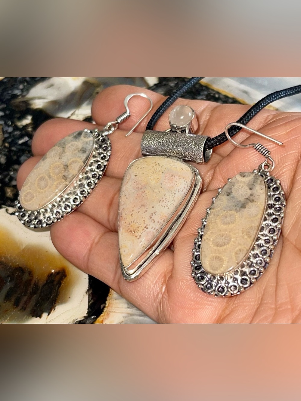 Rose Quartz, Agatized Fossil Coral Pendant & Earrings Set